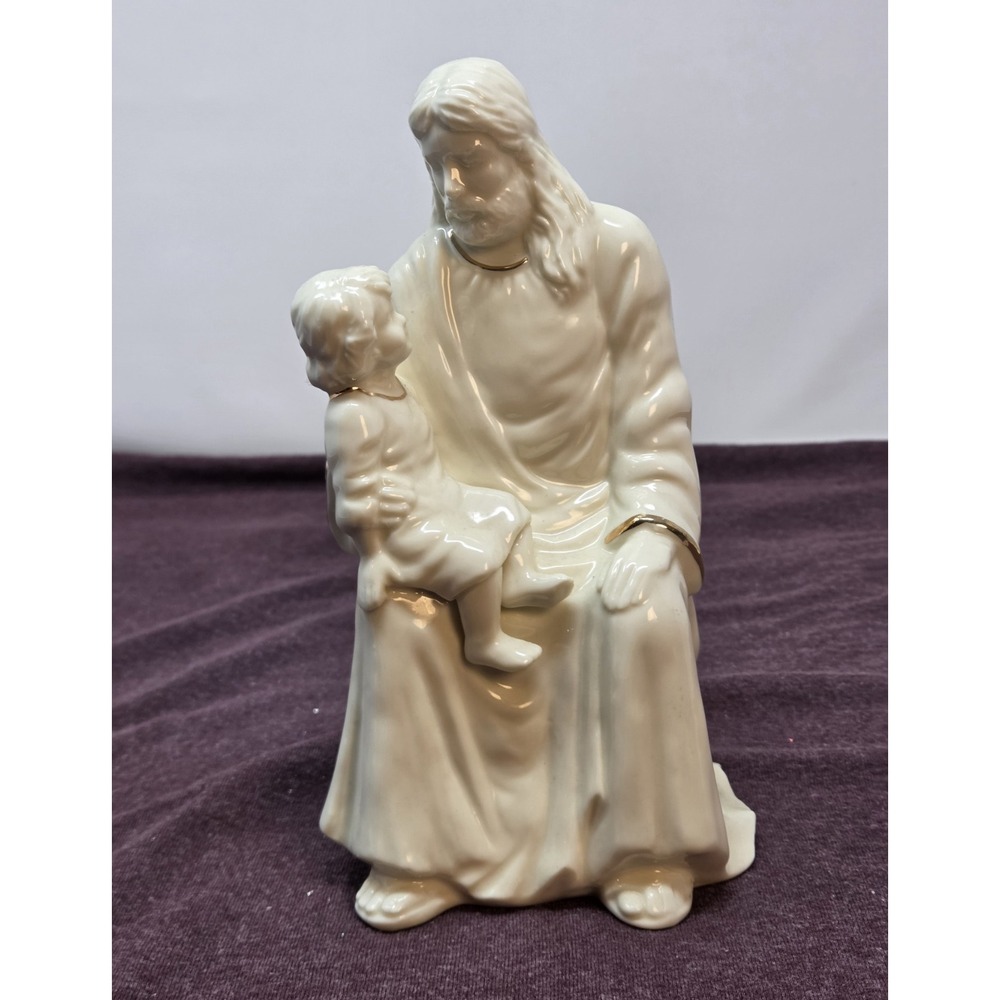 Jesus Blessing Child Porcelain Figurine Ivory Gold Trim Religious Statue 8.5"